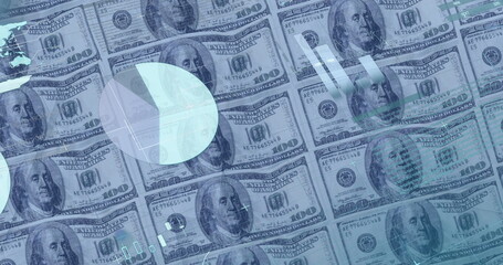 Image of financial data processing over american dollar bills