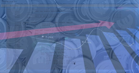 Image of financial data processing with red arrow ascending over euro currency coins