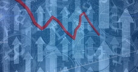 Image of financial data processing with red lines and arrows pointing up over bitcoins