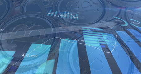 Image of financial data processing with red arrow descending over bitcoins