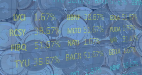 Image of financial data processing over american dollar coins