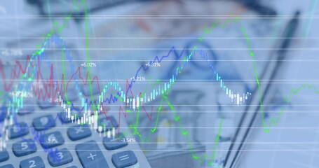 Image of financial data processing over calculator and euro currency bills