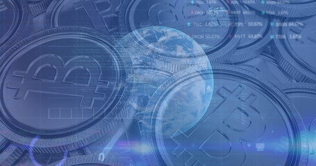 Image of financial data processing over bitcoins and globe