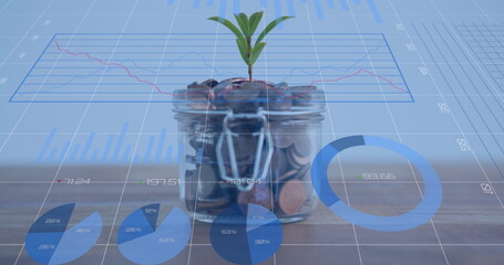 Image of financial data processing over jar with plant full of coins