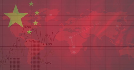 Image of chinese flag waving over financial data processing and world map