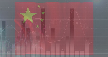 Image of chinese flag waving over financial data processing and statistics recording