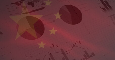 Image of chinese flag flowing over statistics recording and data processing