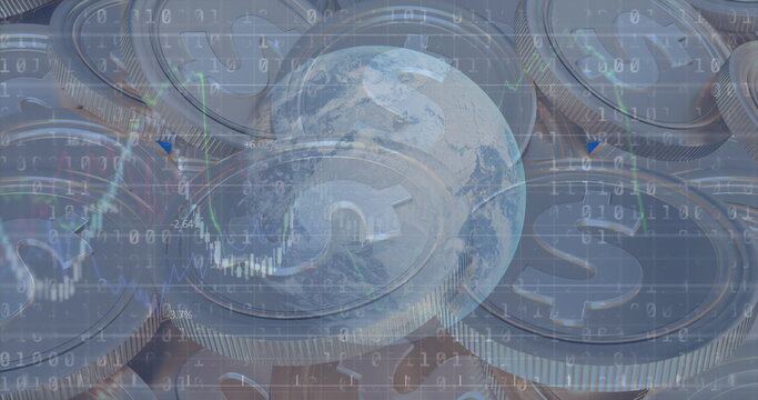 Image of financial data processing with binary coding over american dollar coins - Powered by Adobe