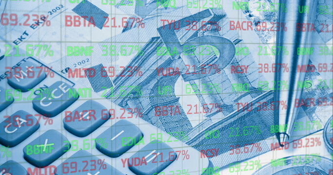 Image of financial data processing over calculator and euro currency bills