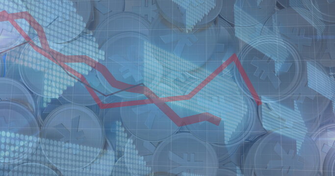Image of financial data processing with red red lines and arrows over japanese yen coins