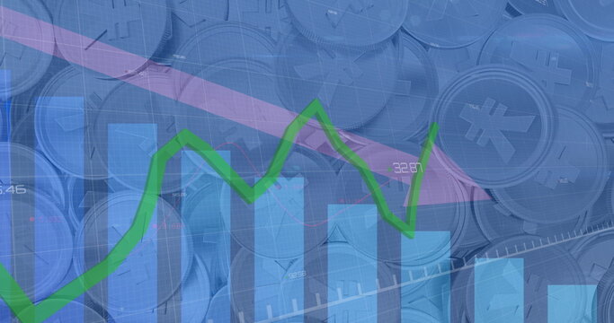 Image of financial data processing with red arrow descending over japanese yen coins