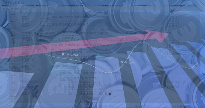 Image of financial data processing with red arrow ascending over euro currency coins - Powered by Adobe