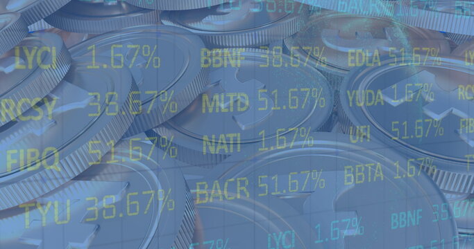 Image of financial data processing over british pound coins