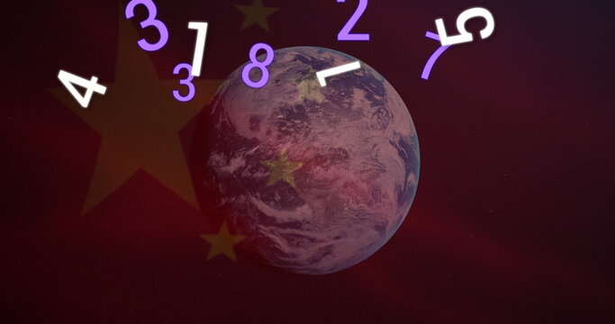 Image of chinese flag waving over globe and numbers changing