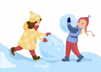 Winter children's outdoor activities. Girls in winter clothes make a snowman. Vector illustration in cartoon style.