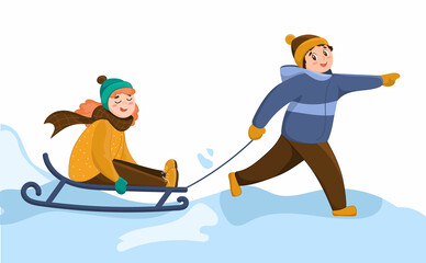 A smiling boy rides a girl on a sled. Happy children's characters in cartoon style. Winter entertainment