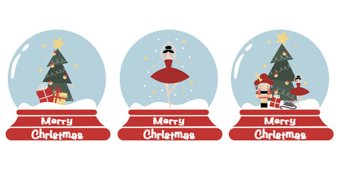 Vector set of christmas with snowe globe balls with christmas tree, Nutcracker, ballerina and gift boxes for greeting card or invitation