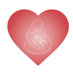 vector icon of woman breastfeeding her newborn baby holding in hands in pink heart for logo. Mother and baby together in line art style