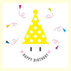 A smiling child wearing a birthday party hat and paper petals.