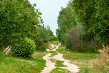 dirt road with a small stone in the village