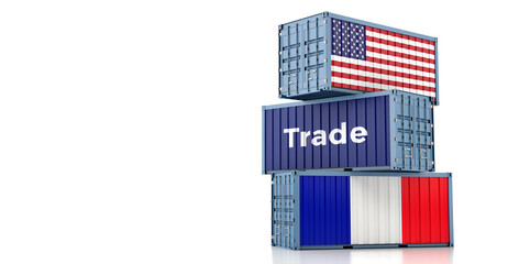 Shipping containers with France and USA flag. 3D Rendering 