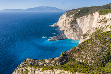 Aerial view of limestone cliffs close to Navagio or Shipwreck Beach on Zakynthos Island, Greece. Summer vacation travel concept