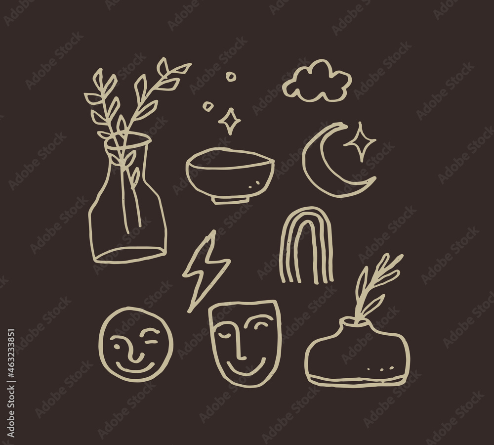 Poster the bohemian illustration of the random decoration collection set. pencil hand drawn drawing in simp