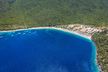 Aerial view of sunny Antisamos beach on the Kefalonia island, Ionian sea in summer, Greece. Travel vacation concept