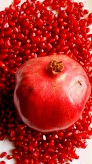 Glowing red pomegranate fruit on shiny red pomegranate seeds on white tray
