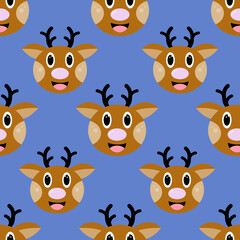 Christmas seamless pattern with reindeer.  Deer head cartoon on blue background. Christmas magic animal. Cute wrapper paper, textile prints, children wallpapers. Vector illustration