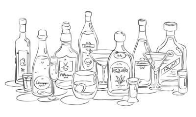 Group of bottles and glasses vodka, champagne, whiskey, vermouth, tequila, martini, rum in hand drawn style. Beverage outline icon. Line art sketch. Black contour object on white background