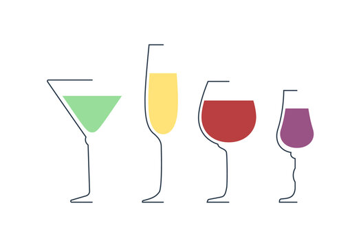 Martini, champagne, red wine and liquor glass in minimalist linear style. Contour of glassware on left side in form of fine black line. Drink is depicted in form of shape with colored fill.