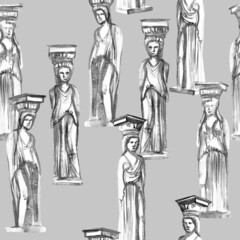 Seamless Pattern Achromatic Antique Caryatids Wet Watercolor Shades of Gray
