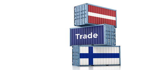 Shipping containers with Latvia and Finland flag. 3D Rendering 