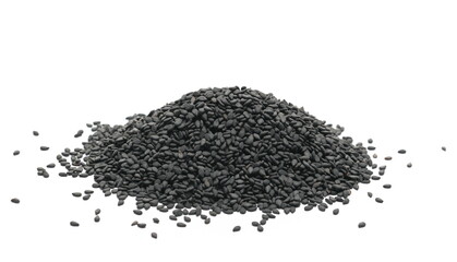 Black sesame seeds pile isolated on white background
