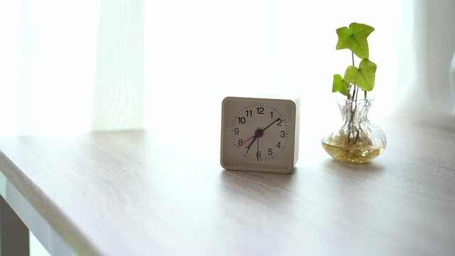 白い小さな置き時計とアイビーの一輪挿し