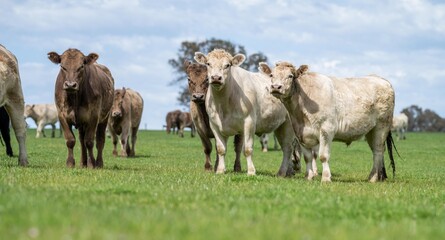 Close up of beef cows and calves grazing on grass in Australia, on a farming ranch. Cattle eating...