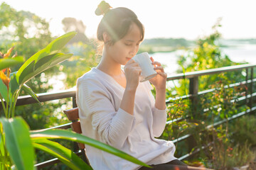 portrait of beautiful asian woman, early morning,