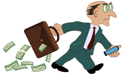 The bribe-taker is a corruptionist with a smartphone and a leather briefcase. Bureaucrat or corrupt official. An official or a deputy in a suit. Businessman. Cartoon. Vector illustration. - 463238028