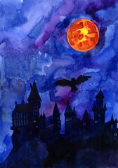 Fototapeta premium watercolor illustration of a black castle silhouette with towers, spires. magic postcard.flying owl in night sky with huge orange moon.