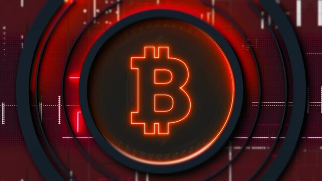 Bitcoin (BTC) cryptocurrency symbol crypto mining cyberspace. Blockchain futuristic investment abstract glow neon background. 4K UHD seamless video looping animation.