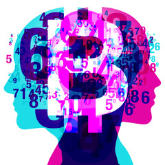 A male & female side silhouette positioned back-to-back, overlaid with various sized semi-transparent numbers. Overlaid across the centre is a semi-transparent white “Bitcoin” currency symbol.