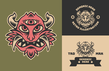 Retro Vintage Demon Head with Horn Illustration