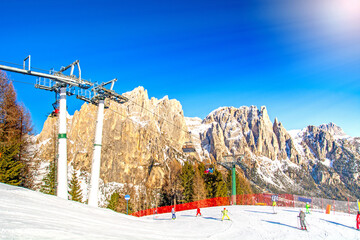 Dolomites ski resort in winter, Italy, Val di Fassa, Ciampedie area in Vigo di Fassa