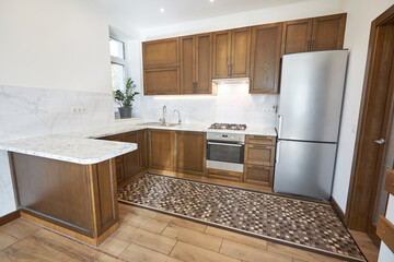 Modern wooden kitchen in scandinavian interior with cooking appliances. Real image