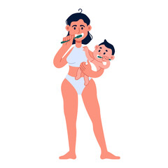 Happy mom with toothbrush and cute baby in her arms brushing teeth together. Morning routine, mouth hygiene concept vector illustration