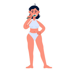 Happy cute girl in underwear with toothbrush in her hand brushing teeth. Morning routine, mouth hygiene concept vector illustration