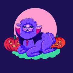 Cute Vector Children's Illustration Halloween Greeting Card with Llama and Pumpkins.Cartoon-style greeting card for children with an alpaca in a vampire costume. A postcard with a lamp for children © Марина Гущина
