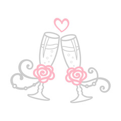 Two light gray glasses of champagne with pink roses and small heart on a white background. Wedding stemware with rose and ribbon. Vector sign and emblem for wedding, engagement, New year and Christmas