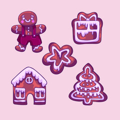 A set of vector cartoon children's ginger New Year cookies, of different shapes. Cookies in the form of a person, a star, a gift, a house and a Christmas tree. Festive New Year elements, cookie icons
